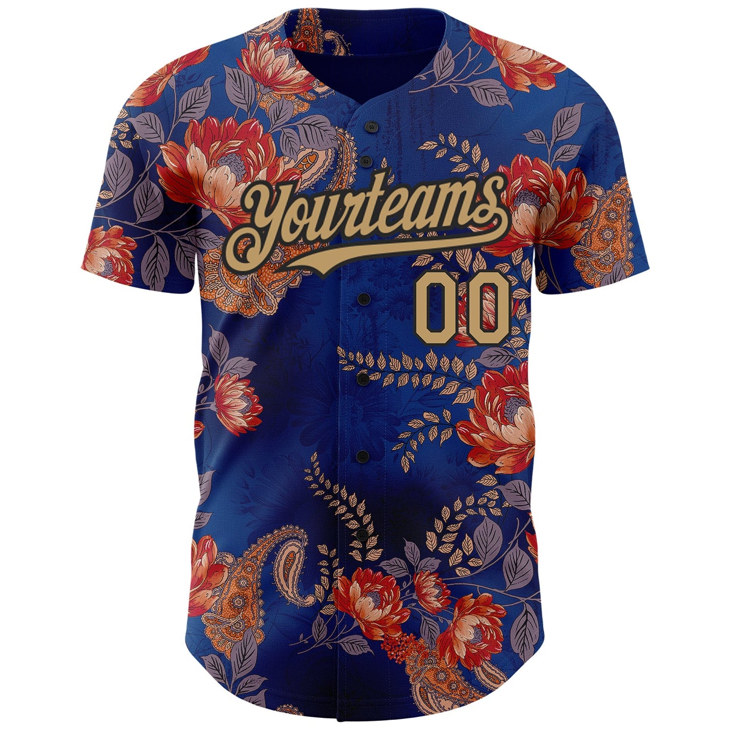 Custom Navy Old Gold-Black 3D Pattern Design Northeast China Big Flower Authentic Baseball Jersey view 2