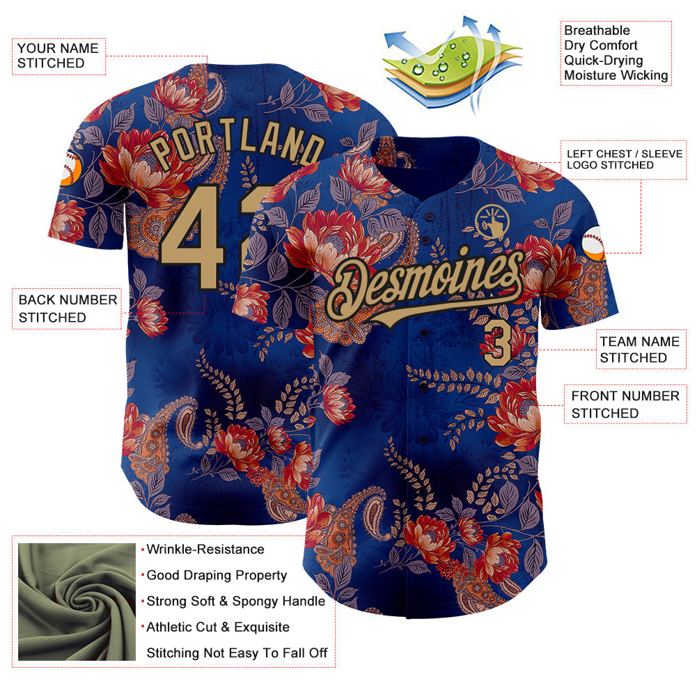 Custom Navy Old Gold-Black 3D Pattern Design Northeast China Big Flower Authentic Baseball Jersey view 3
