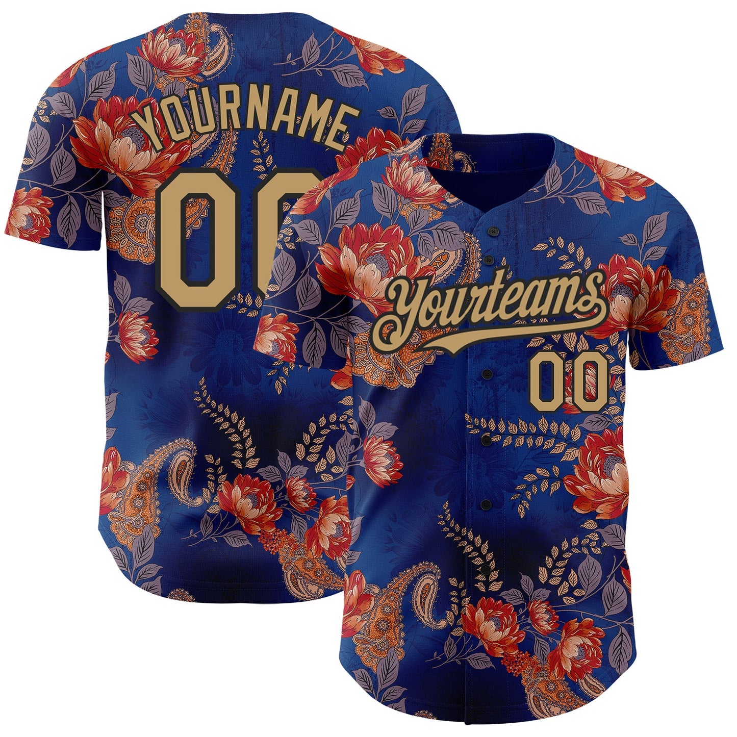 Custom Navy Old Gold-Black 3D Pattern Design Northeast China Big Flower Authentic Baseball Jersey - Main View