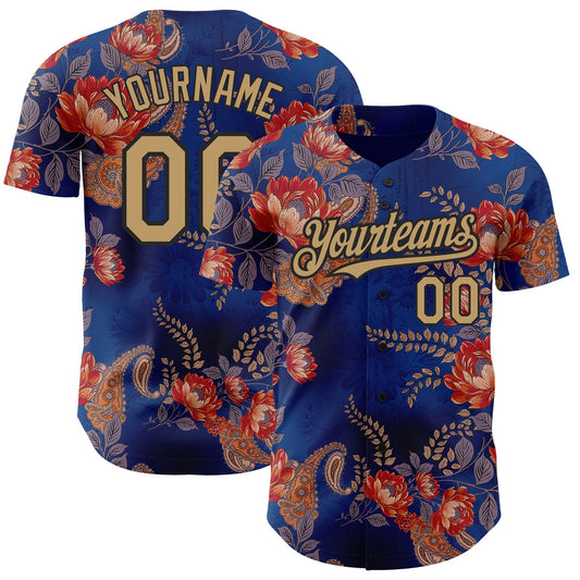 Custom Navy Old Gold-Black 3D Pattern Design Northeast China Big Flower Authentic Baseball Jersey - Main View