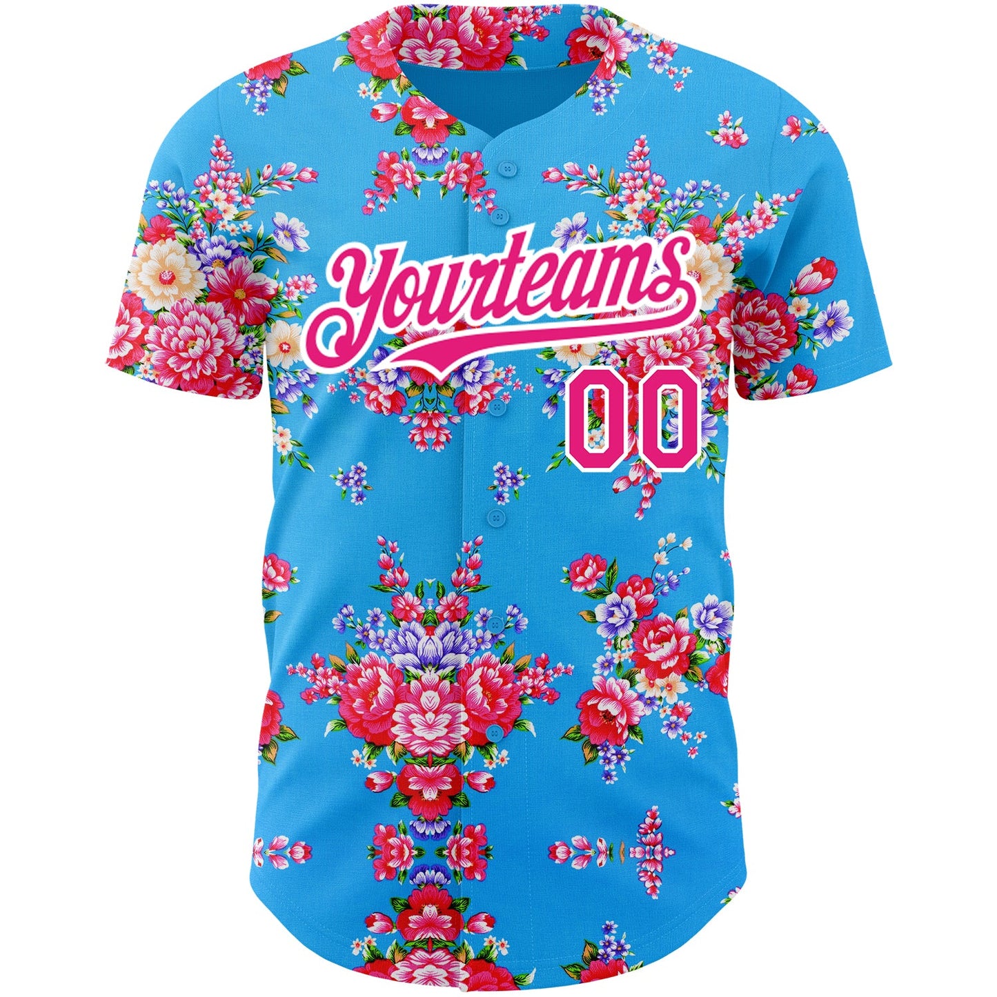 Custom Electric Blue Hot Pink-White 3D Pattern Design Northeast China Big Flower Authentic Baseball Jersey view 2