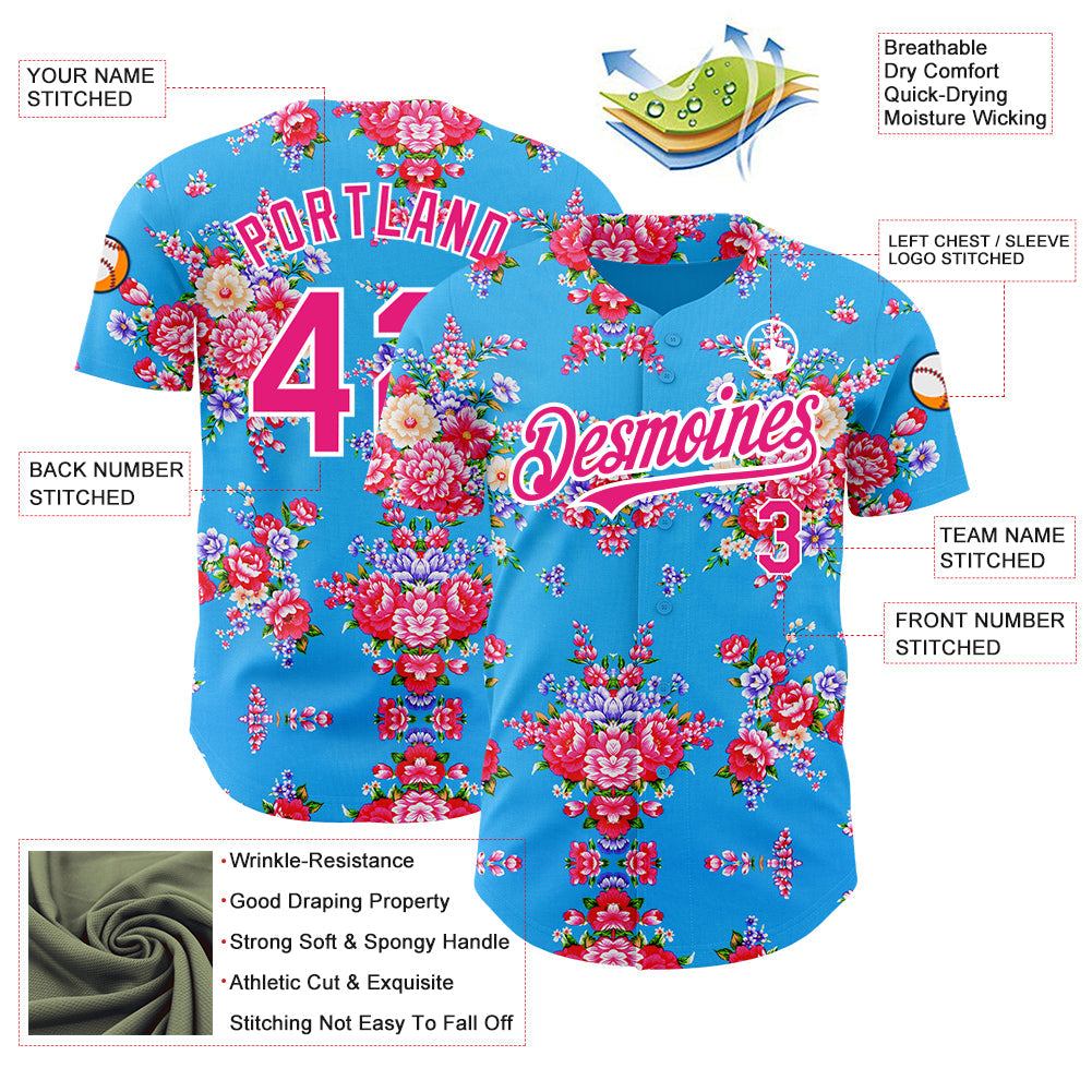 Custom Electric Blue Hot Pink-White 3D Pattern Design Northeast China Big Flower Authentic Baseball Jersey view 3
