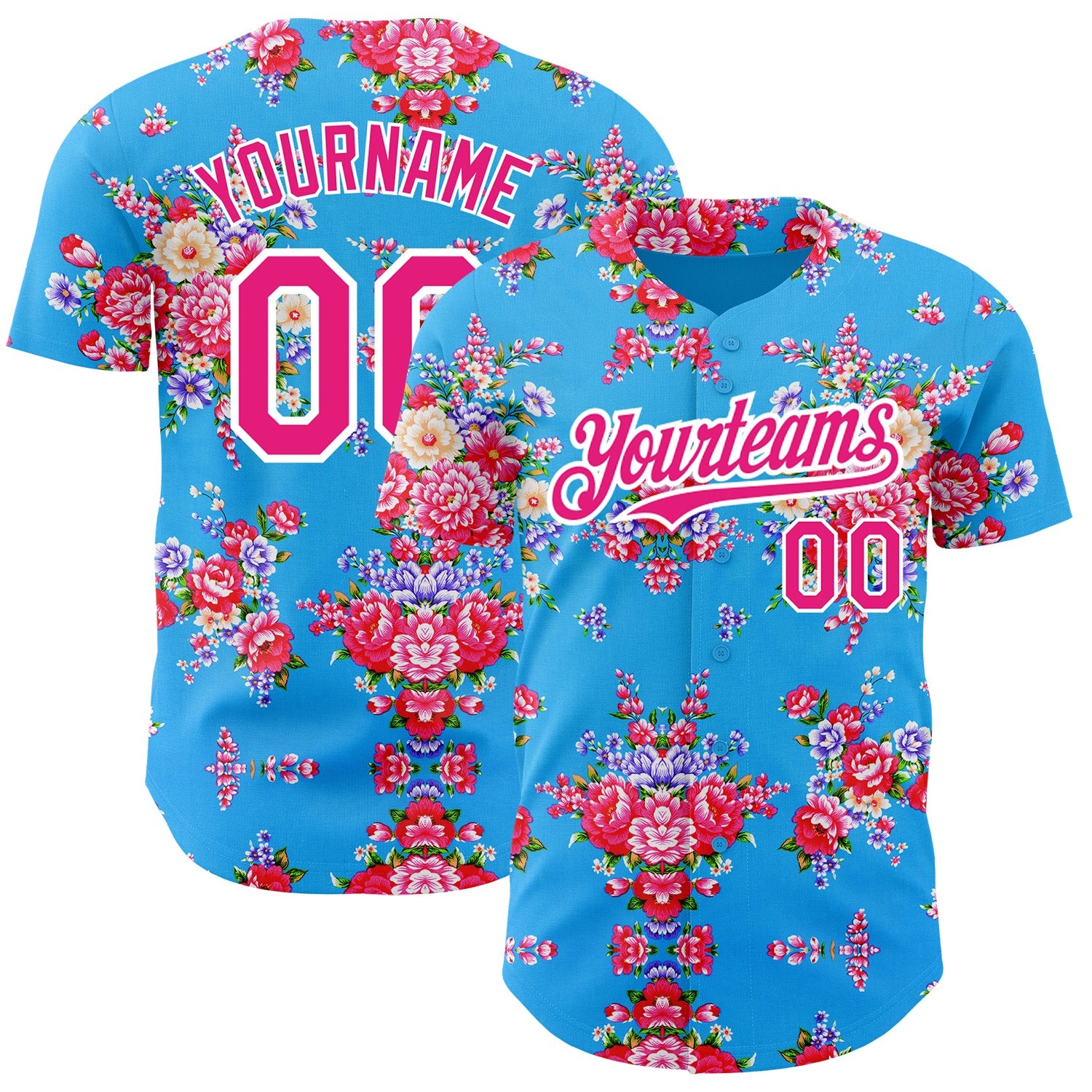 Custom Electric Blue Hot Pink-White 3D Pattern Design Northeast China Big Flower Authentic Baseball Jersey - Main View
