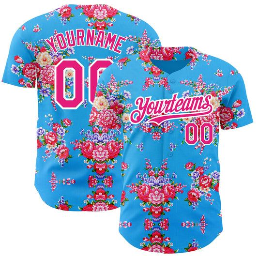 Custom Electric Blue Hot Pink-White 3D Pattern Design Northeast China Big Flower Authentic Baseball Jersey - Main View
