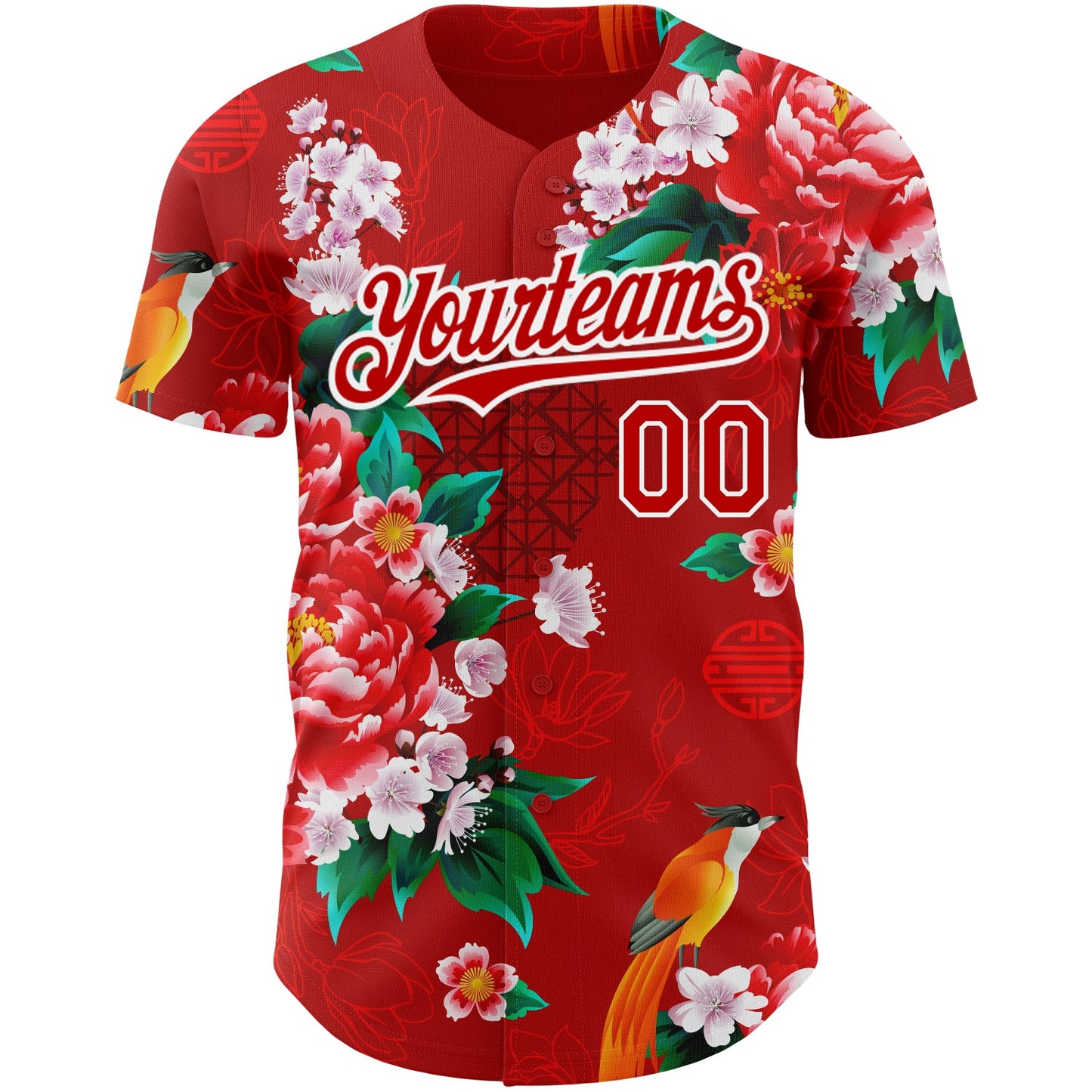 Custom Red White 3D Pattern Design Northeast China Big Flower Authentic Baseball Jersey view 2