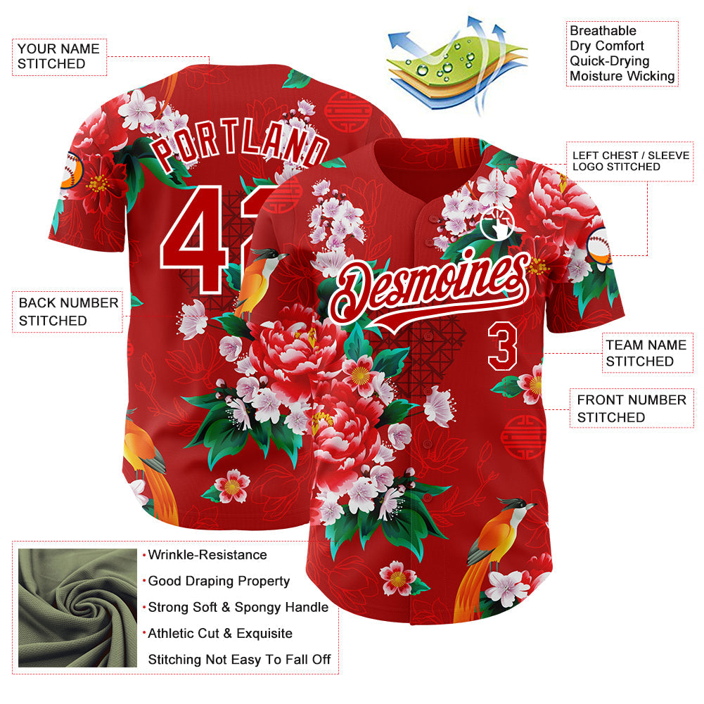 Custom Red White 3D Pattern Design Northeast China Big Flower Authentic Baseball Jersey view 3