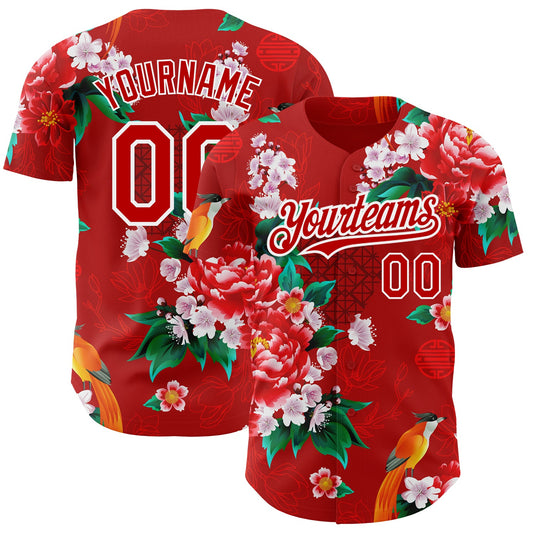 Custom Red White 3D Pattern Design Northeast China Big Flower Authentic Baseball Jersey - Main View