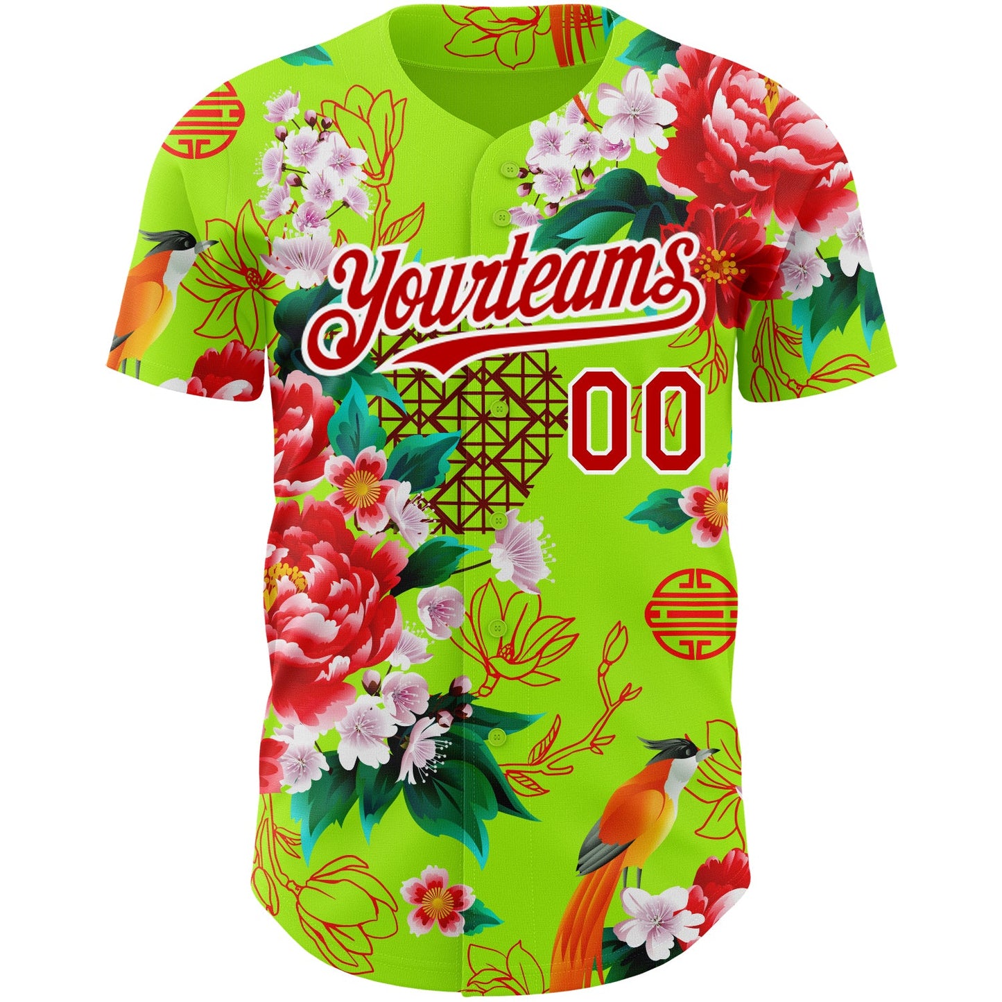 Custom Neon Green Red-White 3D Pattern Design Northeast China Big Flower Authentic Baseball Jersey view 2