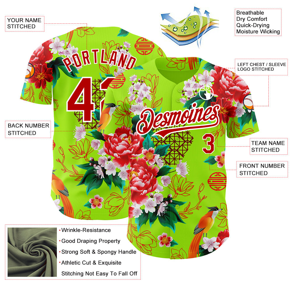 Custom Neon Green Red-White 3D Pattern Design Northeast China Big Flower Authentic Baseball Jersey view 3