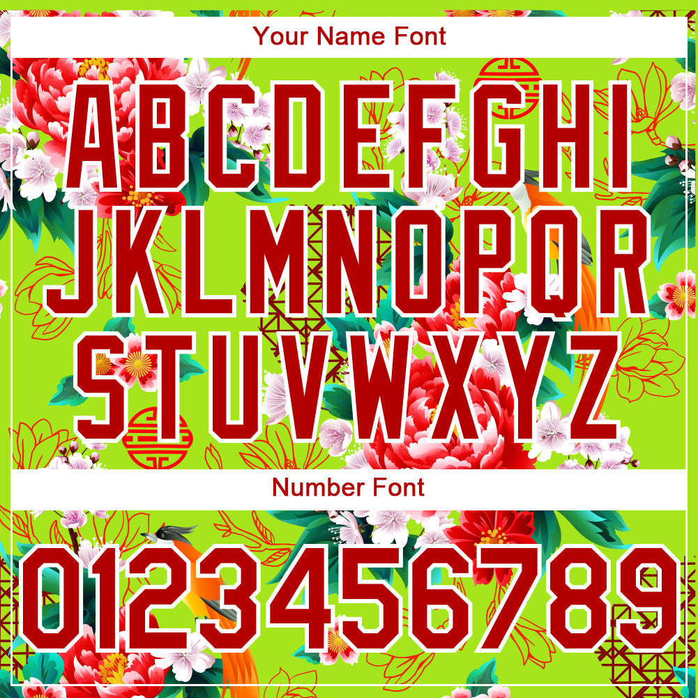 Custom Neon Green Red-White 3D Pattern Design Northeast China Big Flower Authentic Baseball Jersey view 5