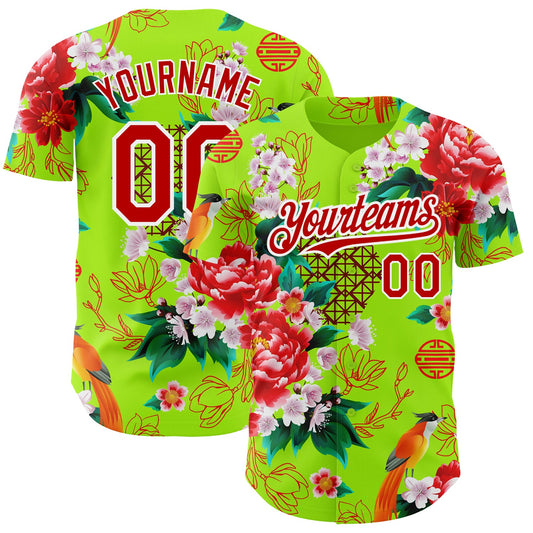 Custom Neon Green Red-White 3D Pattern Design Northeast China Big Flower Authentic Baseball Jersey - Main View