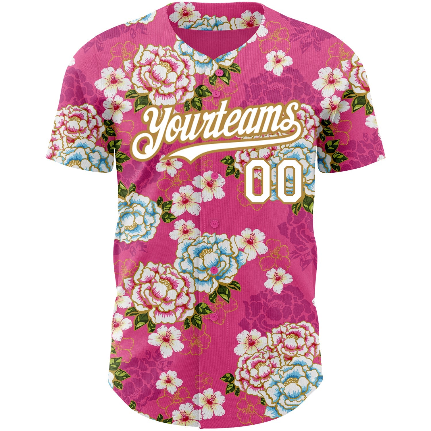 Custom Hot Pink White-Old Gold 3D Pattern Design Northeast China Big Flower Authentic Baseball Jersey view 2
