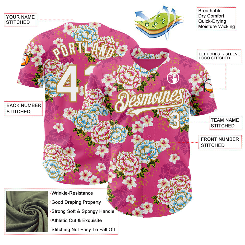 Custom Hot Pink White-Old Gold 3D Pattern Design Northeast China Big Flower Authentic Baseball Jersey view 3