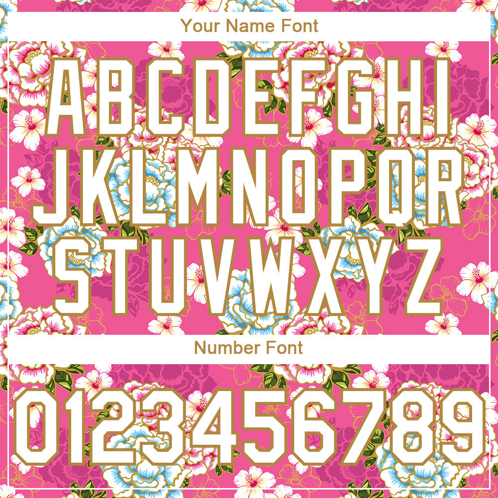 Custom Hot Pink White-Old Gold 3D Pattern Design Northeast China Big Flower Authentic Baseball Jersey view 5