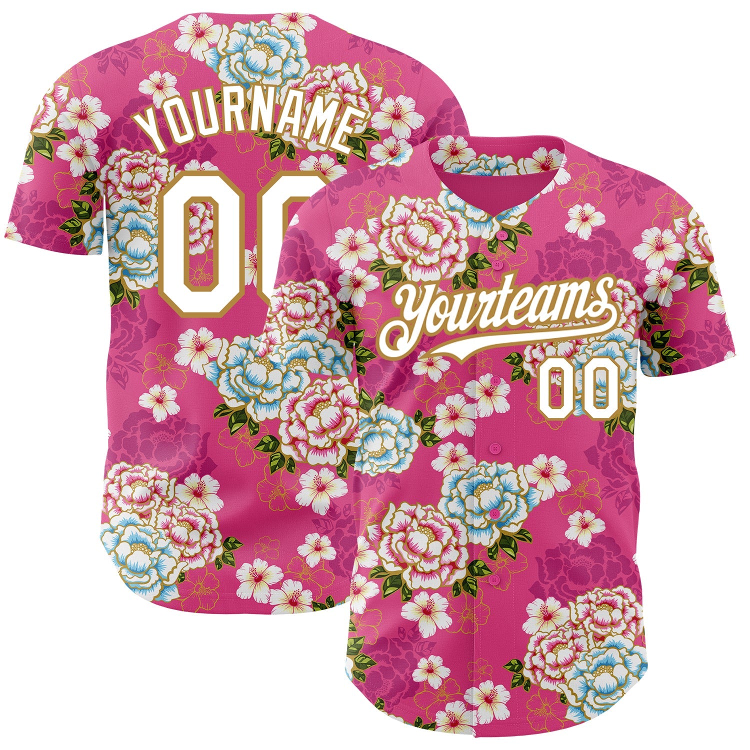 Custom Hot Pink White-Old Gold 3D Pattern Design Northeast China Big Flower Authentic Baseball Jersey - Main View