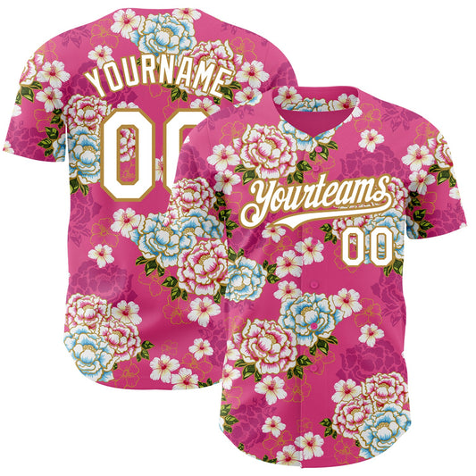 Custom Hot Pink White-Old Gold 3D Pattern Design Northeast China Big Flower Authentic Baseball Jersey - Main View
