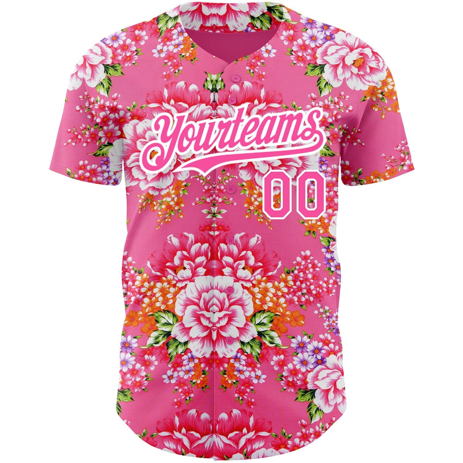 Custom Neon Pink Pink-White 3D Pattern Design Northeast China Big Flower Authentic Baseball Jersey view 2