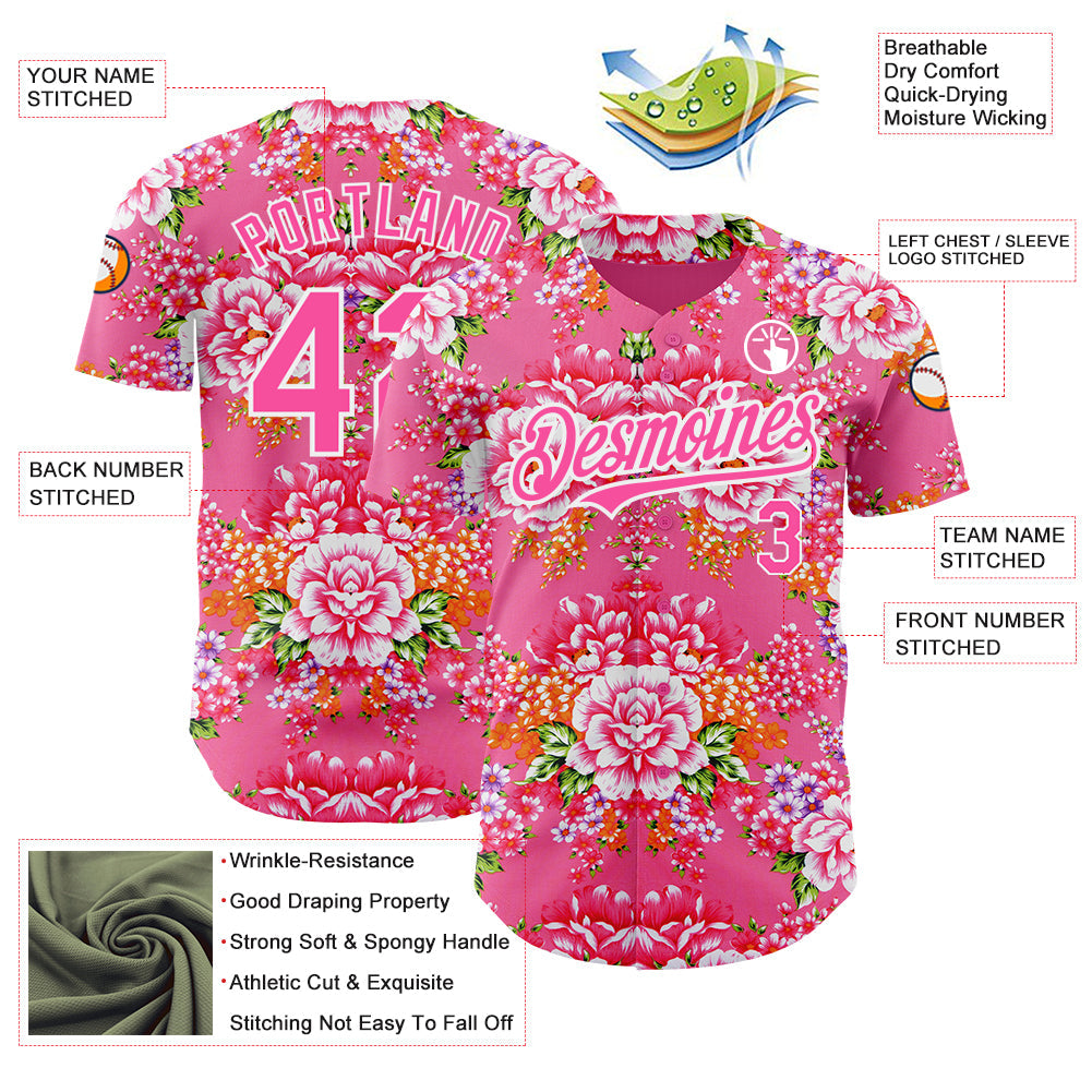 Custom Neon Pink Pink-White 3D Pattern Design Northeast China Big Flower Authentic Baseball Jersey view 3