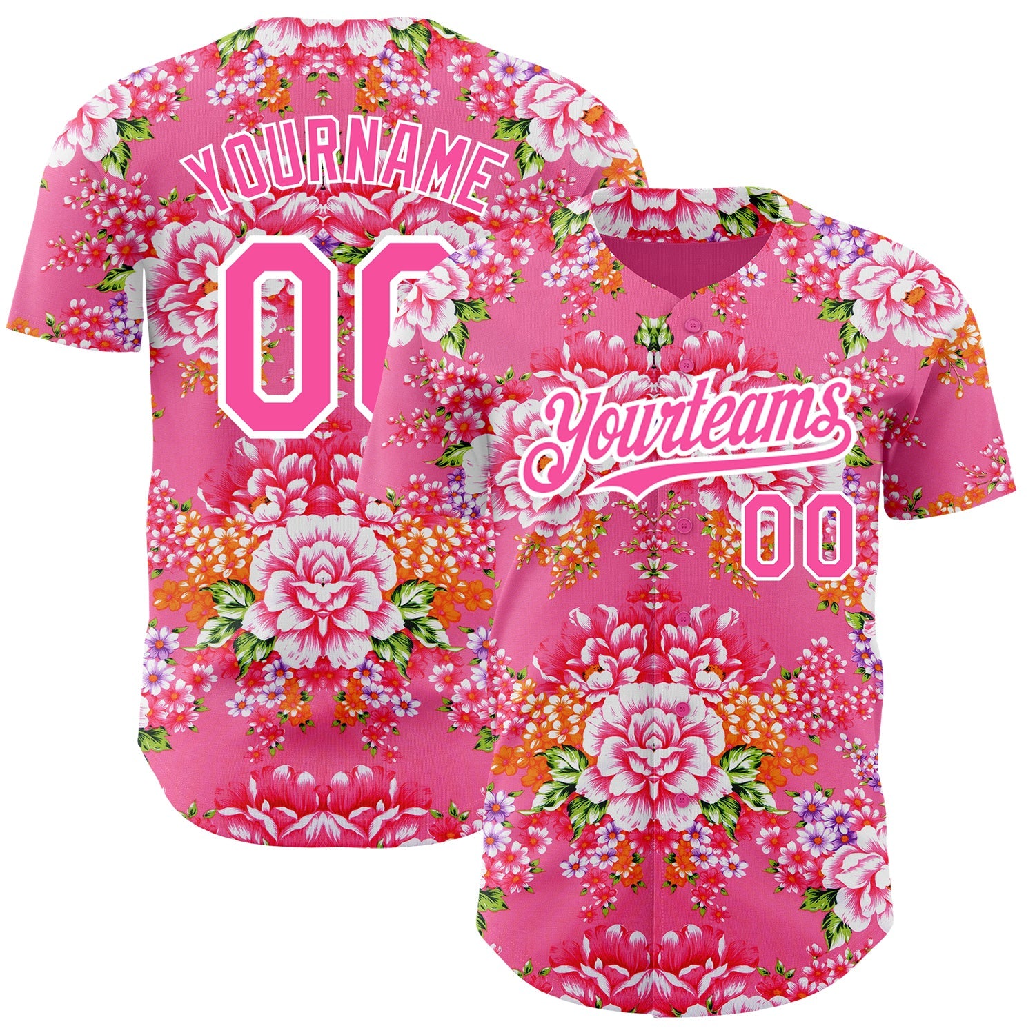 Custom Neon Pink Pink-White 3D Pattern Design Northeast China Big Flower Authentic Baseball Jersey - Main View