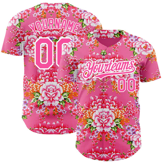 Custom Neon Pink Pink-White 3D Pattern Design Northeast China Big Flower Authentic Baseball Jersey - Main View