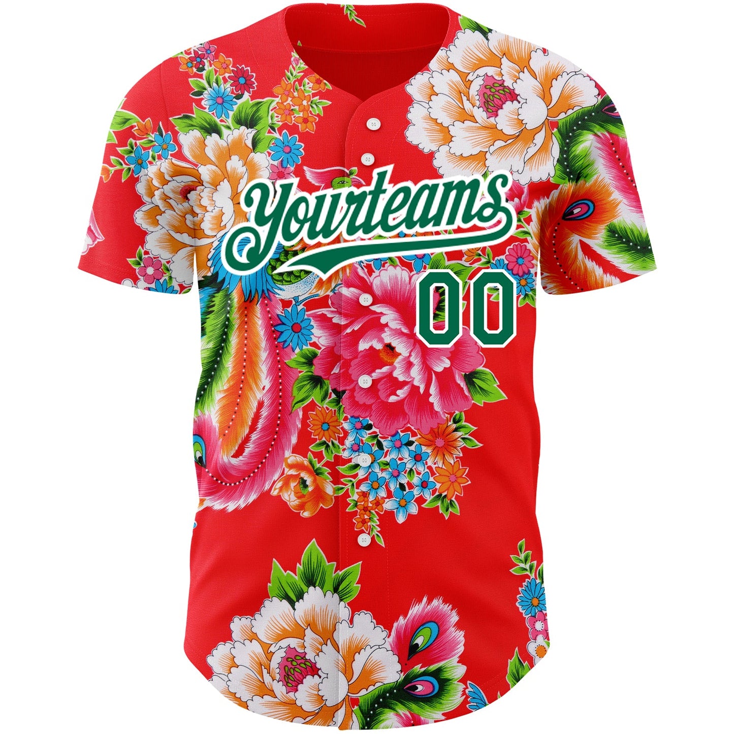 Custom Red Kelly Green-White 3D Pattern Design Northeast China Big Flower Authentic Baseball Jersey view 2