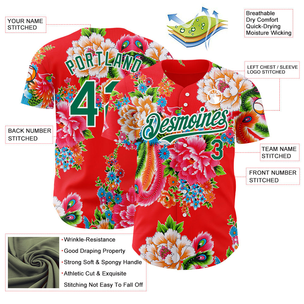 Custom Red Kelly Green-White 3D Pattern Design Northeast China Big Flower Authentic Baseball Jersey view 3