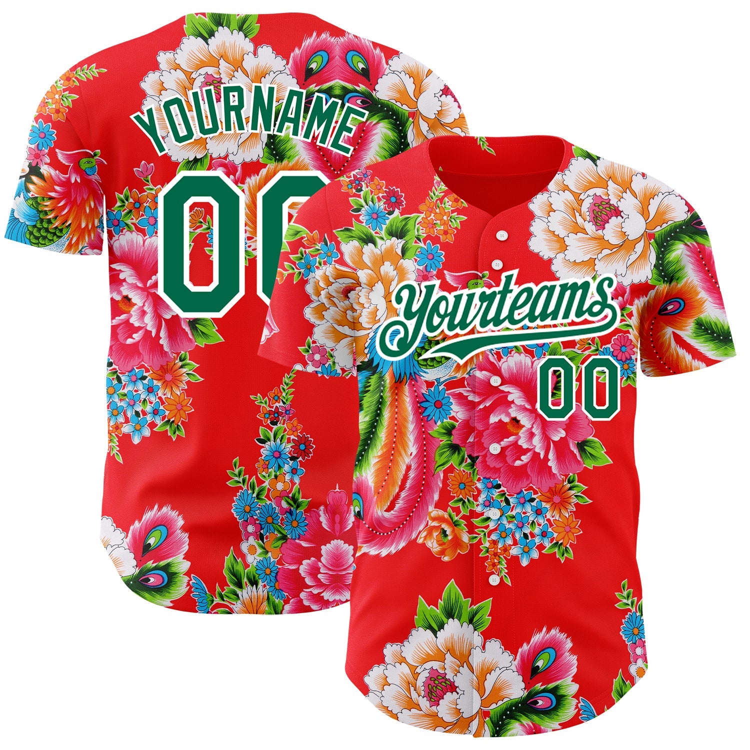 Custom Red Kelly Green-White 3D Pattern Design Northeast China Big Flower Authentic Baseball Jersey - Main View