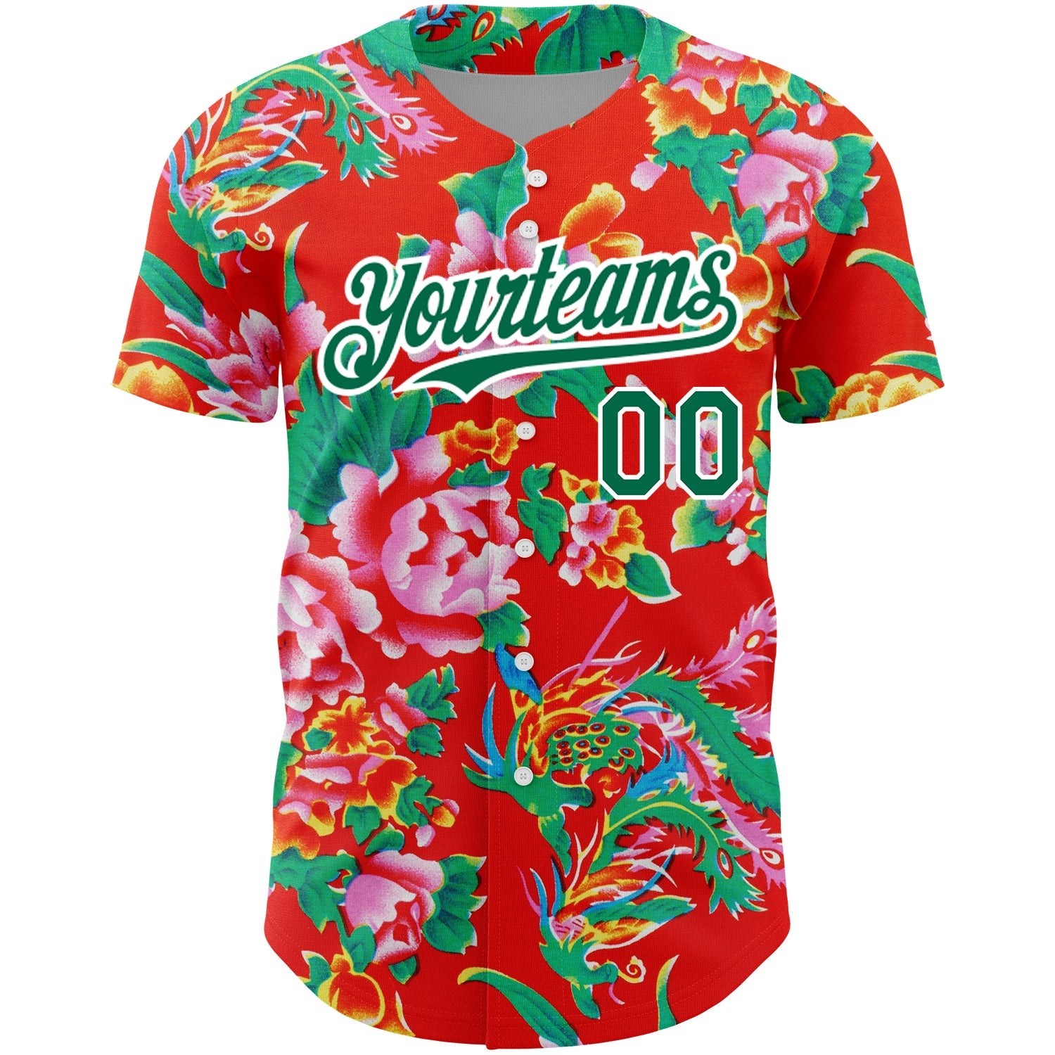 Custom Red Kelly Green-White 3D Pattern Design Northeast China Big Flower Authentic Baseball Jersey view 2