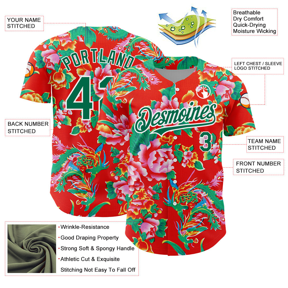 Custom Red Kelly Green-White 3D Pattern Design Northeast China Big Flower Authentic Baseball Jersey view 3