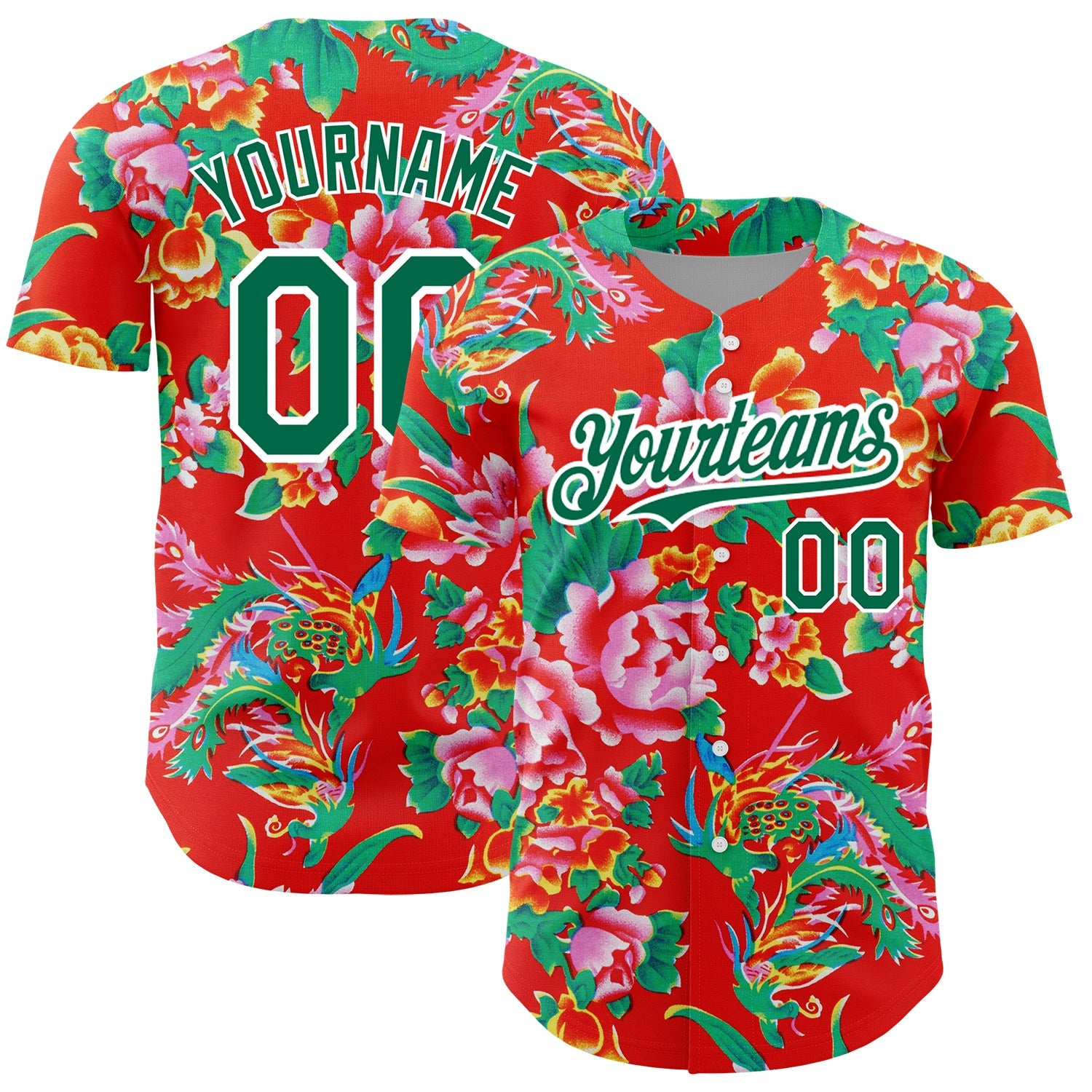 Custom Red Kelly Green-White 3D Pattern Design Northeast China Big Flower Authentic Baseball Jersey - Main View