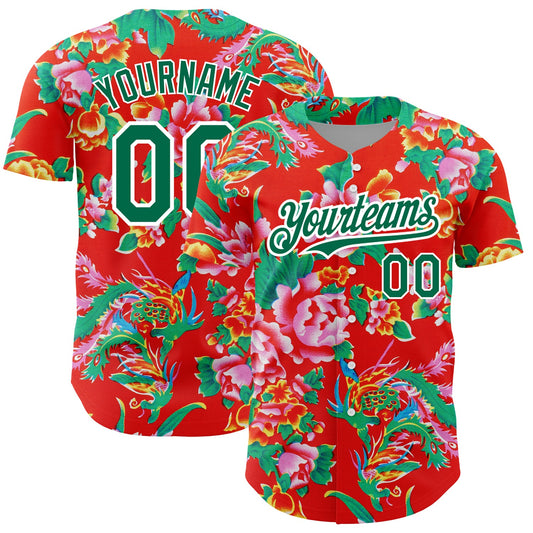 Custom Red Kelly Green-White 3D Pattern Design Northeast China Big Flower Authentic Baseball Jersey - Main View