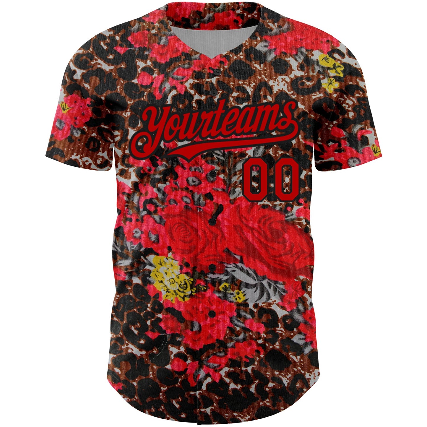 Custom Black Red 3D Pattern Design Northeast China Big Flower And Leopard Print Authentic Baseball Jersey view 2