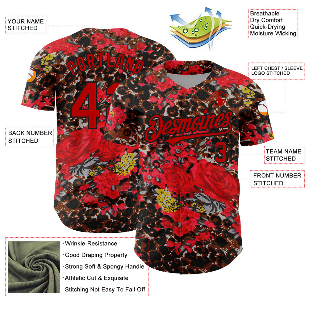 Custom Black Red 3D Pattern Design Northeast China Big Flower And Leopard Print Authentic Baseball Jersey view 3