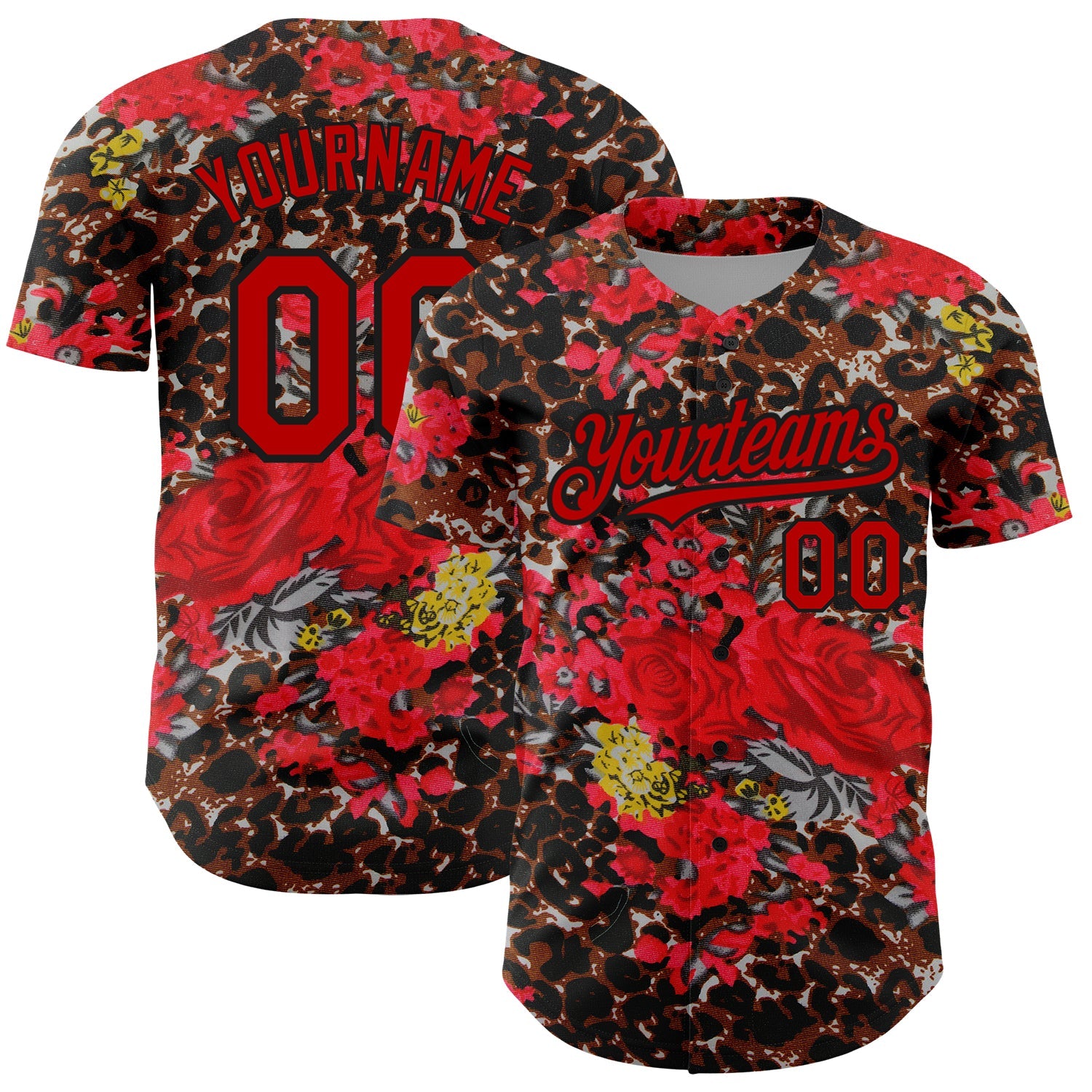 Custom Black Red 3D Pattern Design Northeast China Big Flower And Leopard Print Authentic Baseball Jersey - Main View