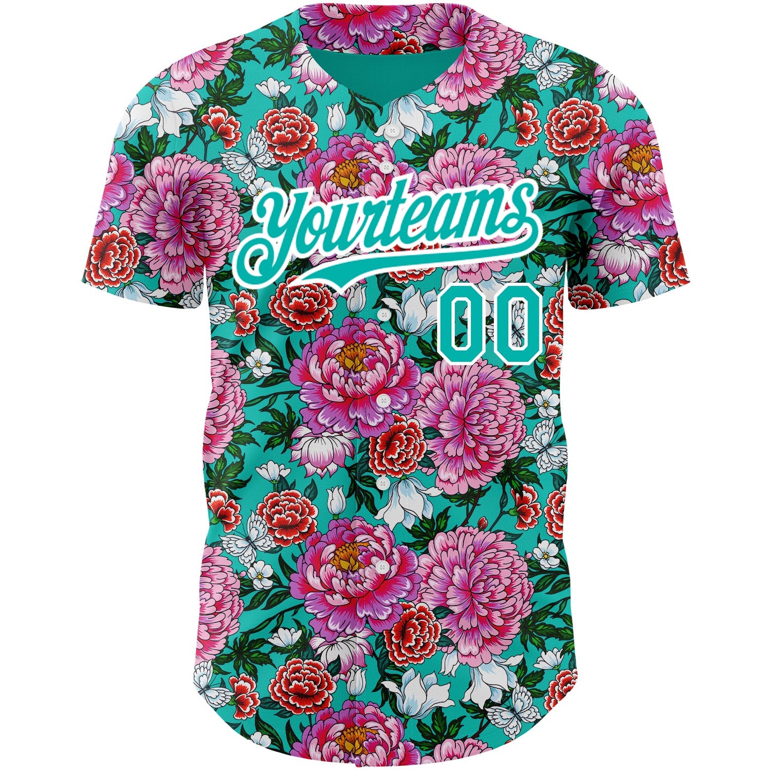 Custom Pink Aqua-White 3D Pattern Design Northeast China Big Flower Authentic Baseball Jersey view 2