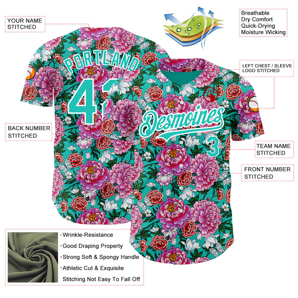 Custom Pink Aqua-White 3D Pattern Design Northeast China Big Flower Authentic Baseball Jersey view 3