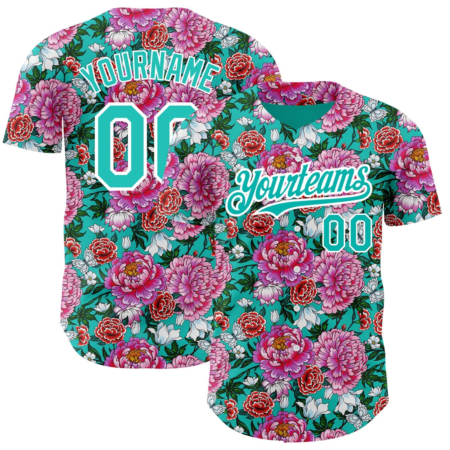 Custom Pink Aqua-White 3D Pattern Design Northeast China Big Flower Authentic Baseball Jersey - Main View