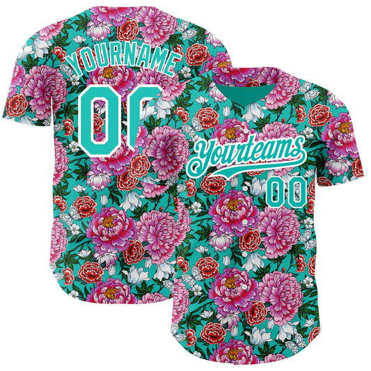 Custom Pink Aqua-White 3D Pattern Design Northeast China Big Flower Authentic Baseball Jersey - Main View