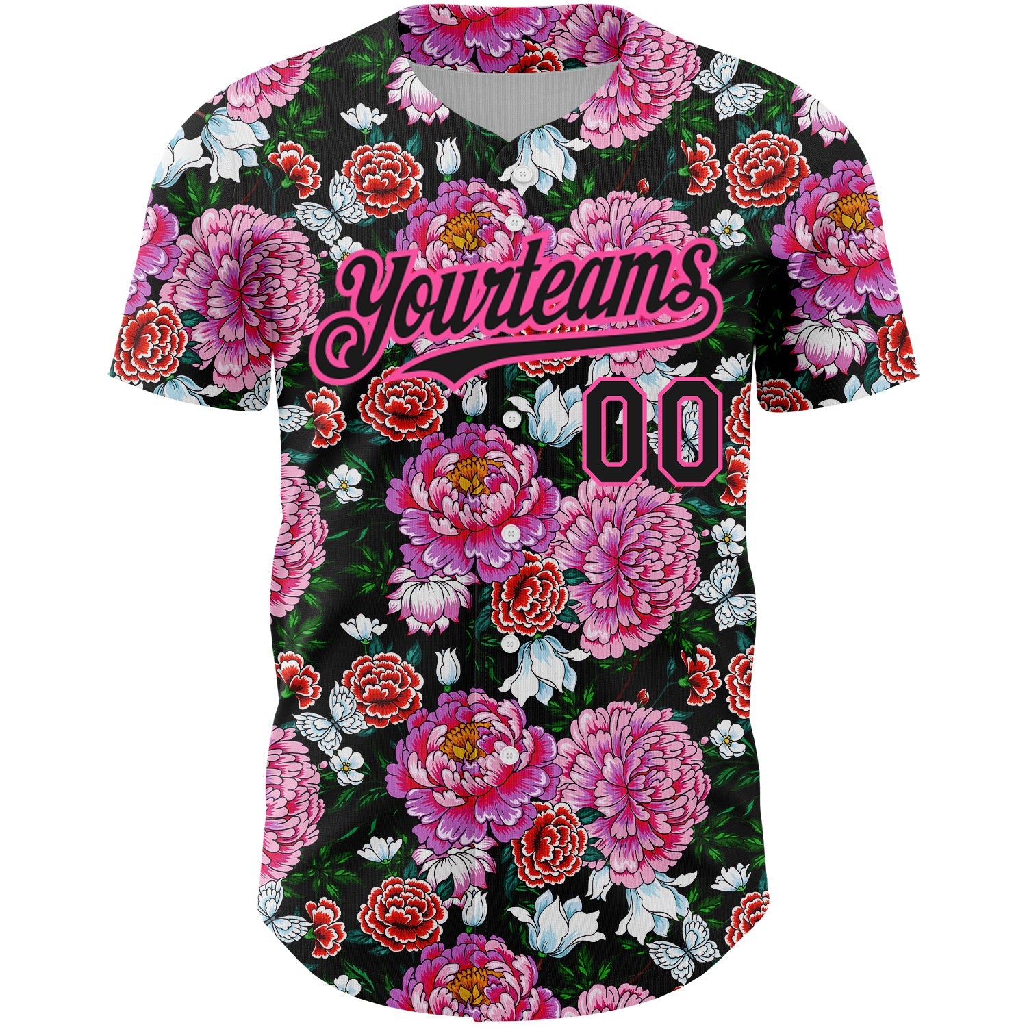 Custom Pink Black 3D Pattern Design Northeast China Big Flower Authentic Baseball Jersey view 2