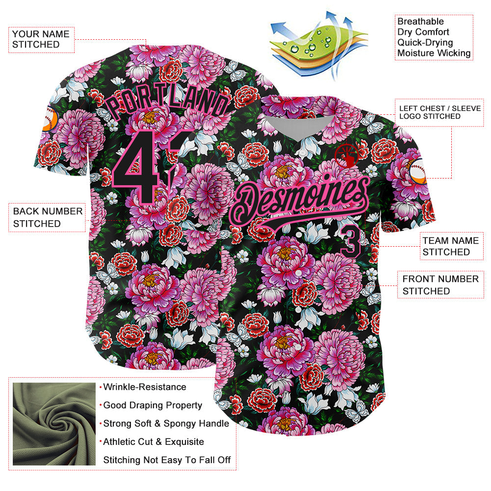 Custom Pink Black 3D Pattern Design Northeast China Big Flower Authentic Baseball Jersey view 3