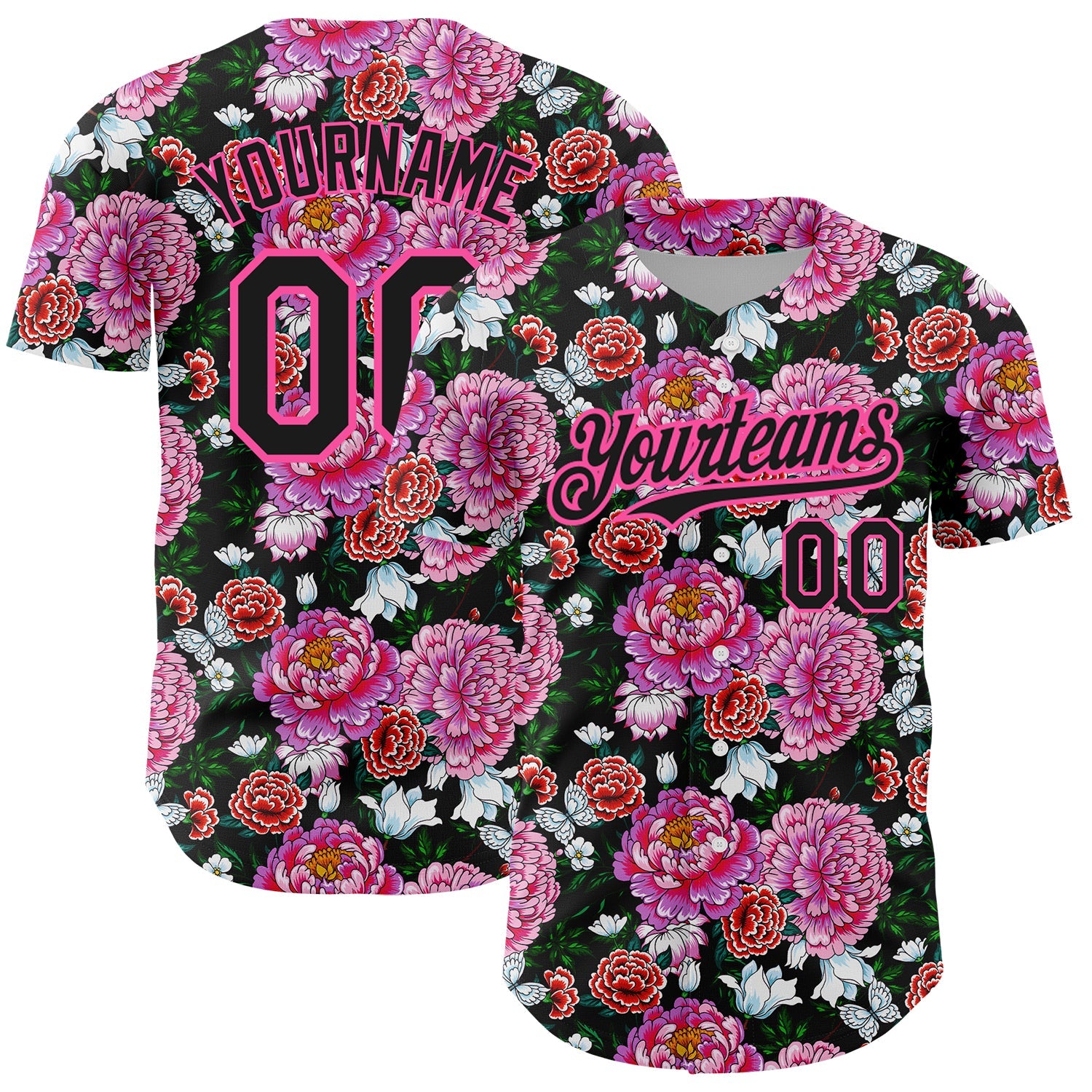 Custom Pink Black 3D Pattern Design Northeast China Big Flower Authentic Baseball Jersey - Main View