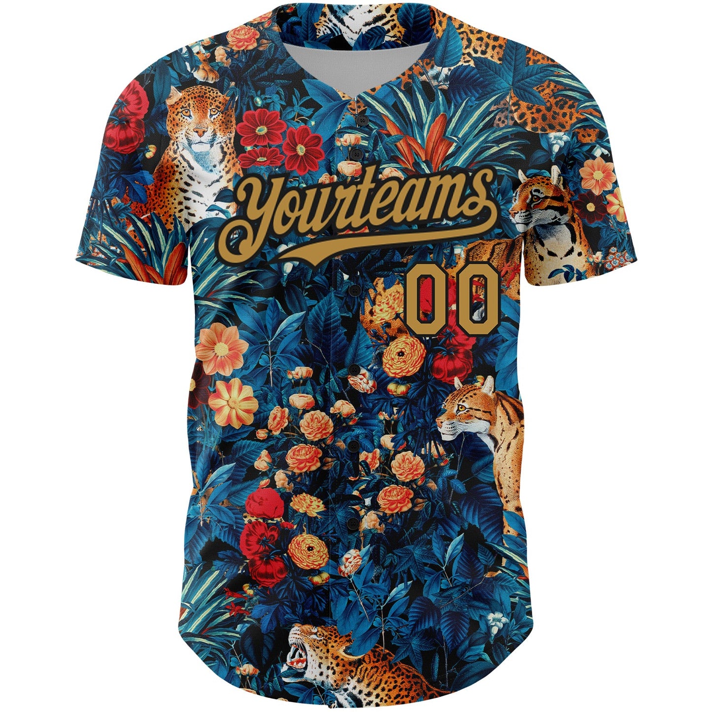 Custom Royal Old Gold-Black 3D Pattern Design Northeast China Big Flower And Leopard Authentic Baseball Jersey view 2