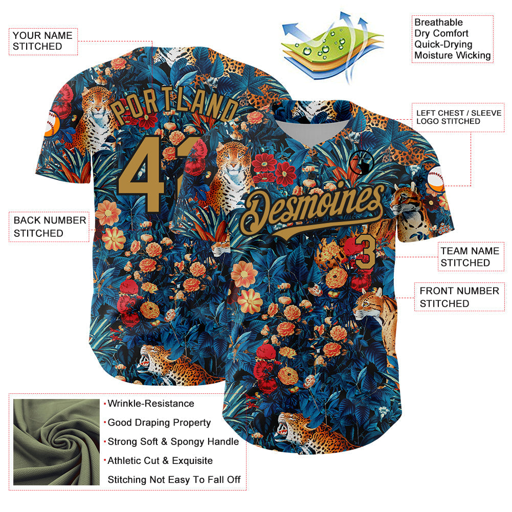 Custom Royal Old Gold-Black 3D Pattern Design Northeast China Big Flower And Leopard Authentic Baseball Jersey view 3