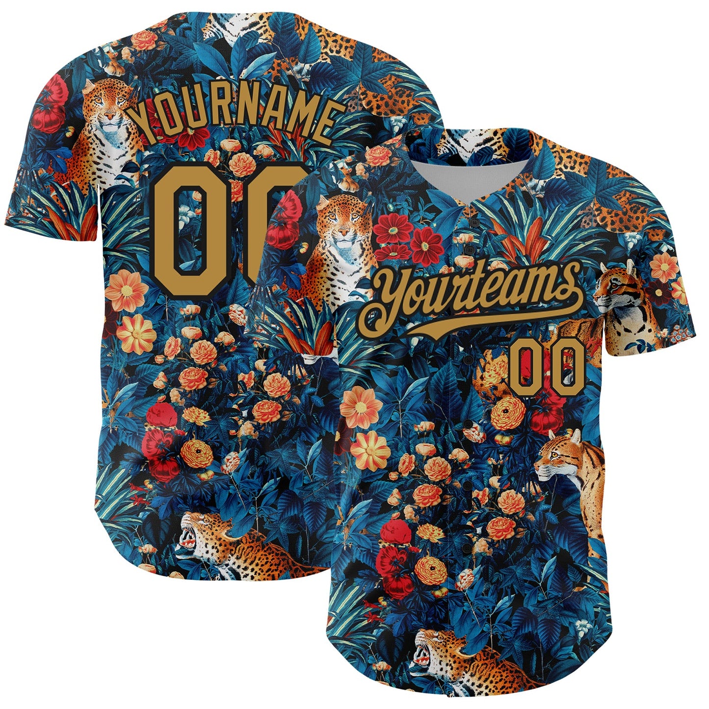 Custom Royal Old Gold-Black 3D Pattern Design Northeast China Big Flower And Leopard Authentic Baseball Jersey - Main View