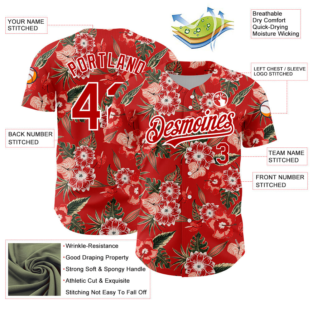 Custom Red White 3D Pattern Design Northeast China Big Flower Authentic Baseball Jersey view 3