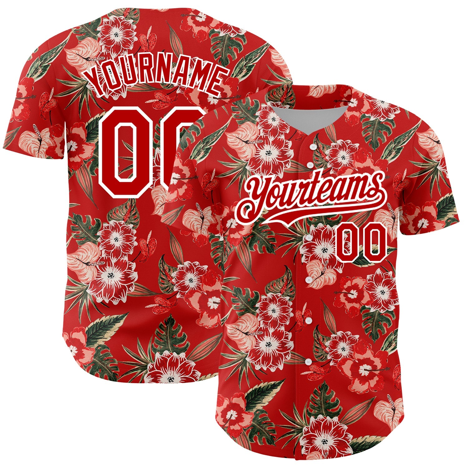 Custom Red White 3D Pattern Design Northeast China Big Flower Authentic Baseball Jersey - Main View