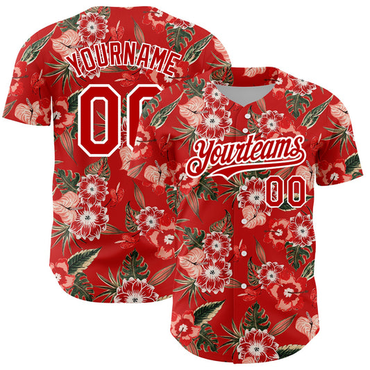 Custom Red White 3D Pattern Design Northeast China Big Flower Authentic Baseball Jersey - Main View