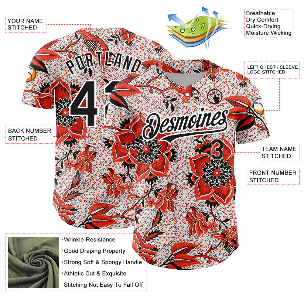 Custom Red Black-White 3D Pattern Design Northeast China Big Flower Authentic Baseball Jersey view 3
