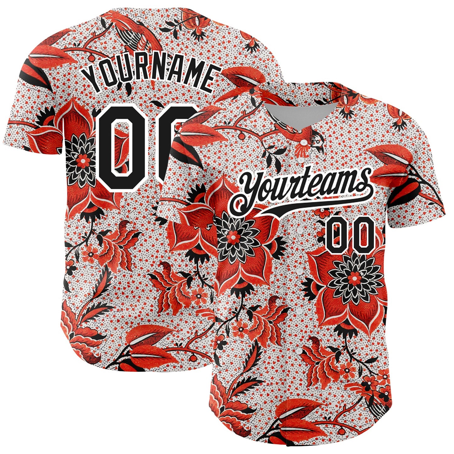 Custom Red Black-White 3D Pattern Design Northeast China Big Flower Authentic Baseball Jersey - Main View