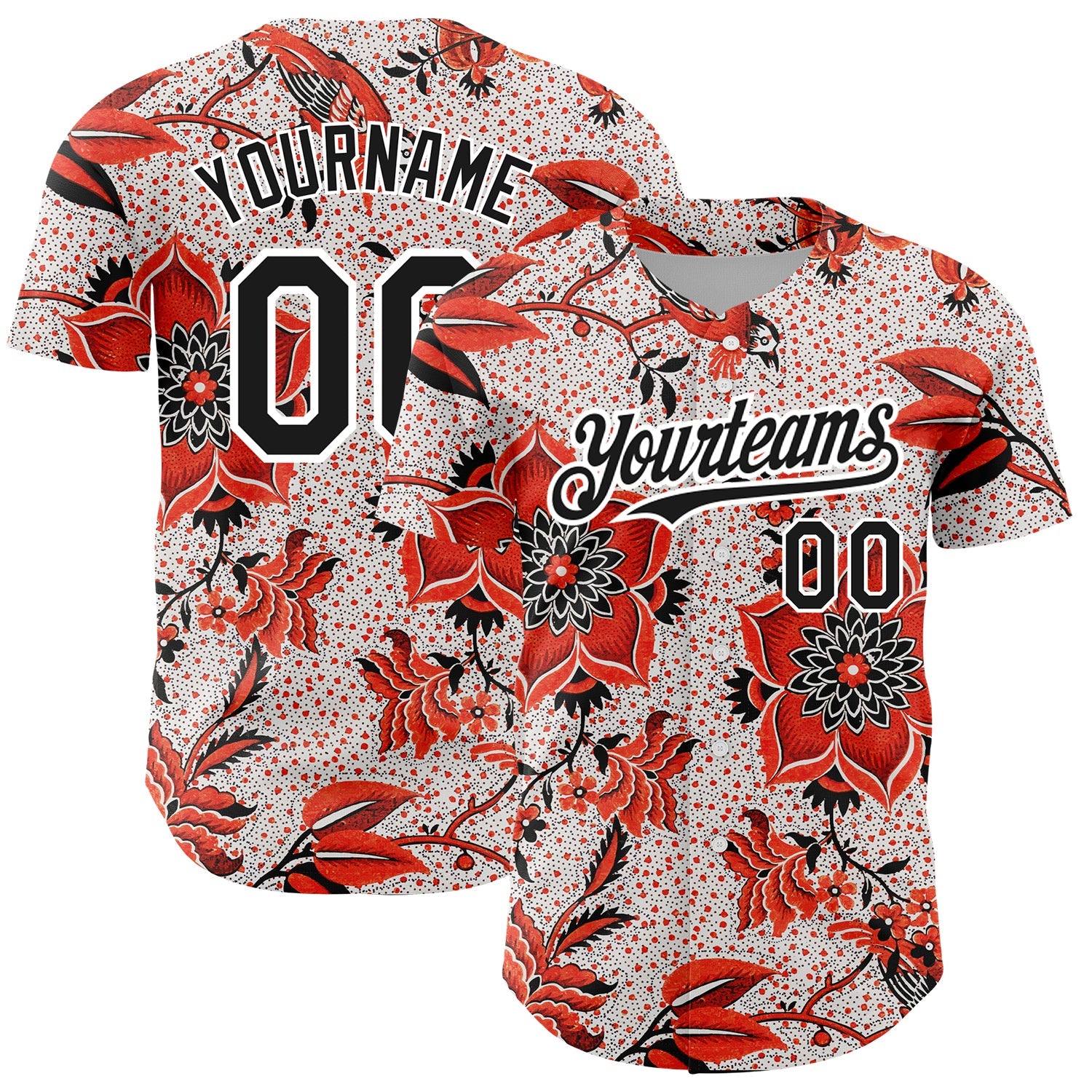 Custom Red Black-White 3D Pattern Design Northeast China Big Flower Authentic Baseball Jersey - Main View